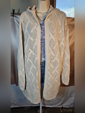 Greige Hooded Open Knit Longline Cardigan Women's L Cream NWT